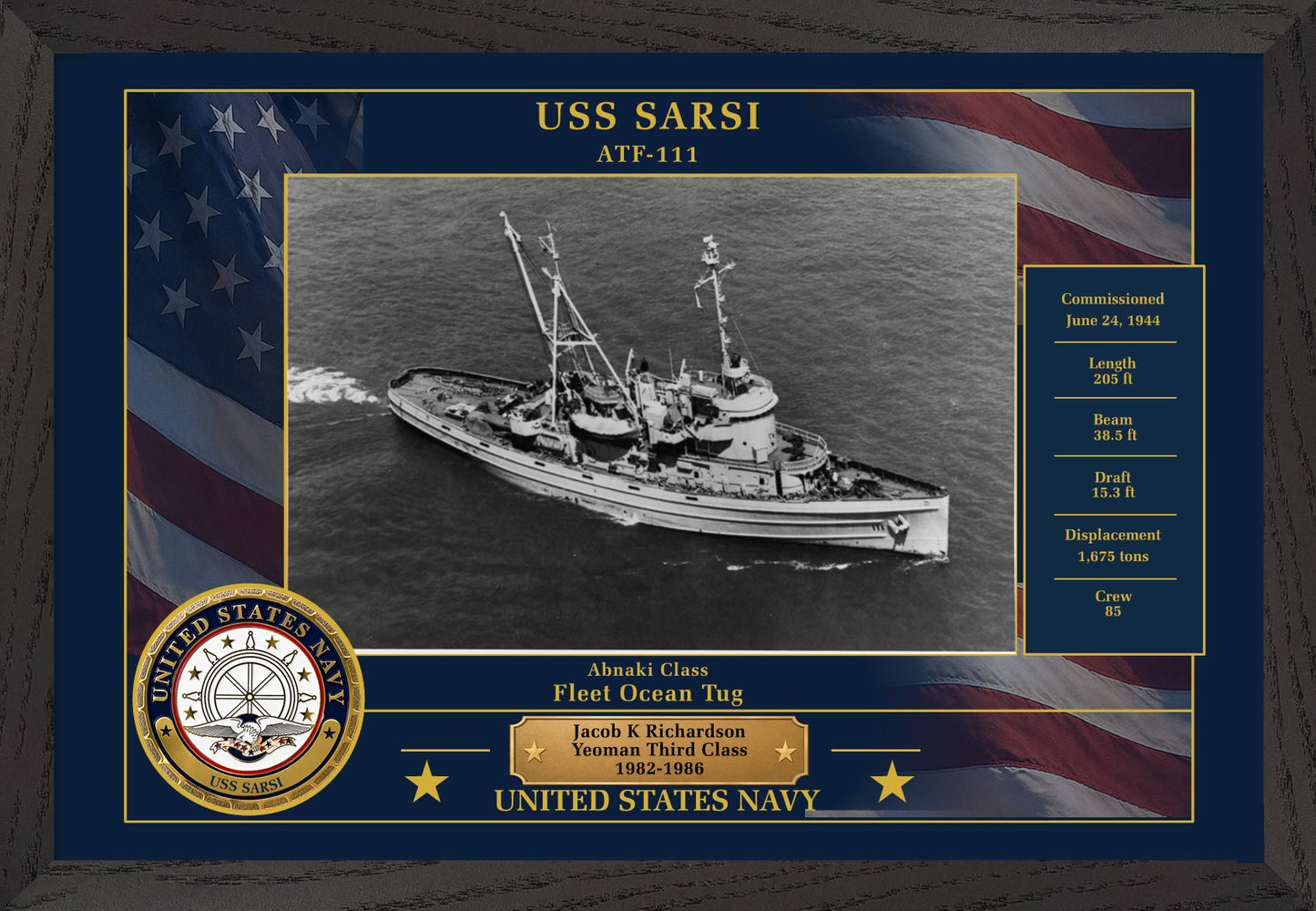 USS Sarsi ATF-111 Framed Patriotic Photo