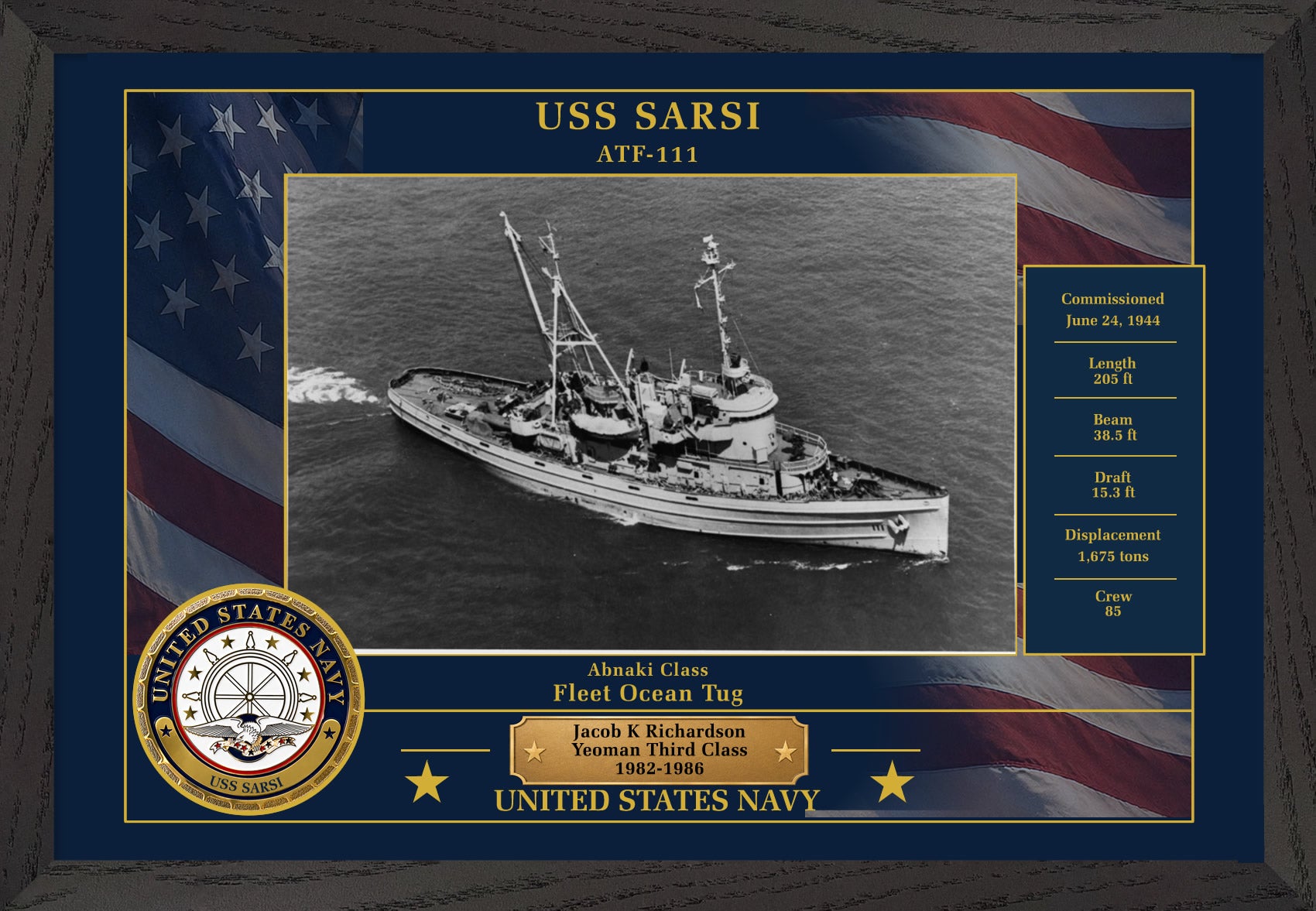 USS Sarsi ATF-111 Framed Patriotic Photo