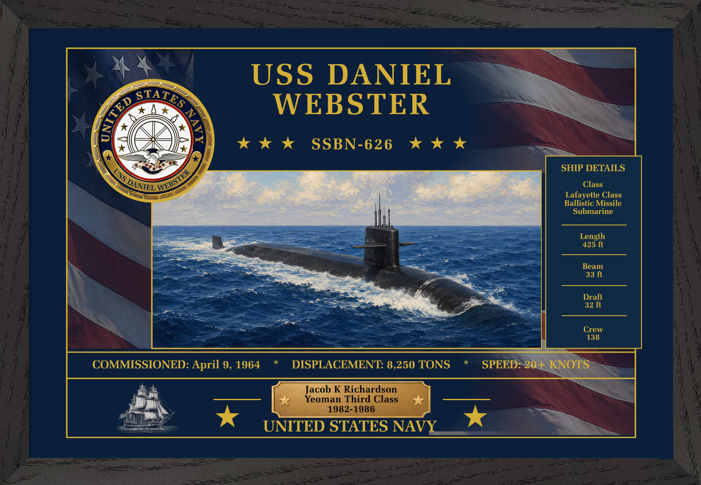 USS Daniel Webster SSBN-626 Framed Patriotic Art