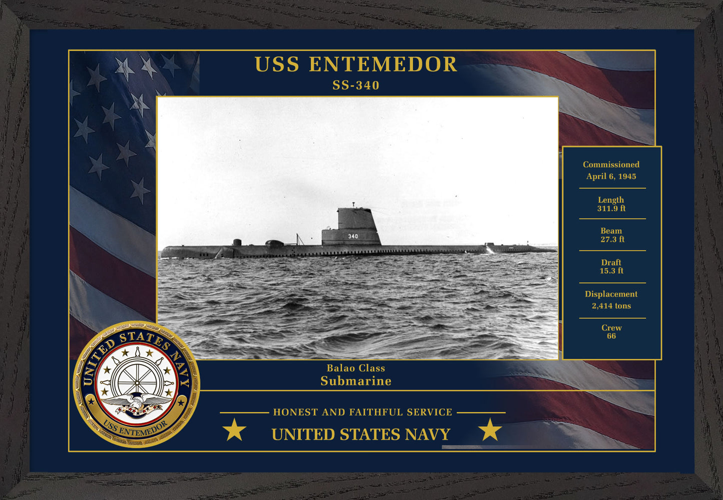 USS Entemedor SS-340 Framed Patriotic Photo