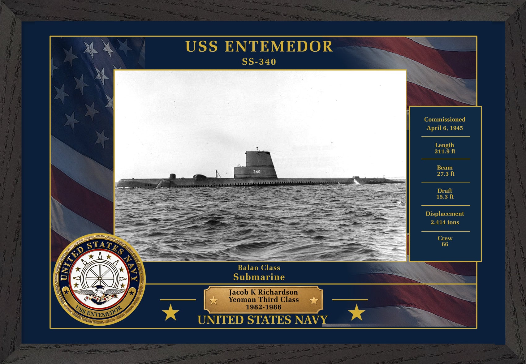 USS Entemedor SS-340 Framed Patriotic Photo