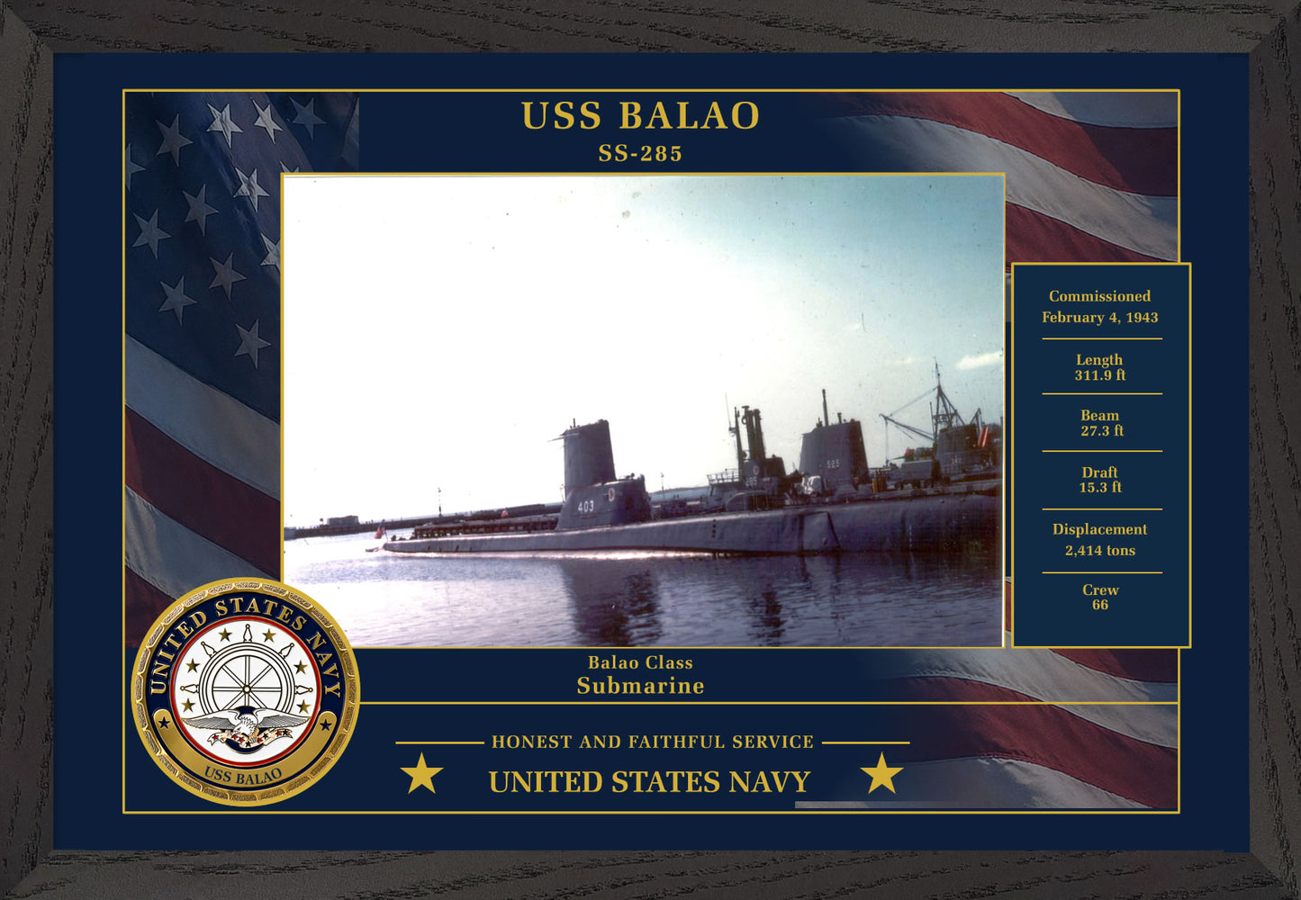 USS Balao SS-285 Framed Patriotic Photo