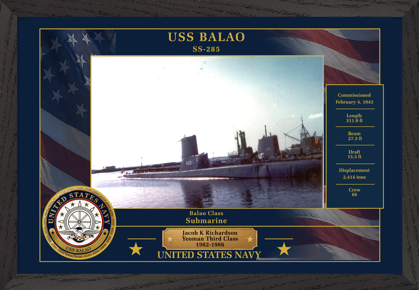 USS Balao SS-285 Framed Patriotic Photo