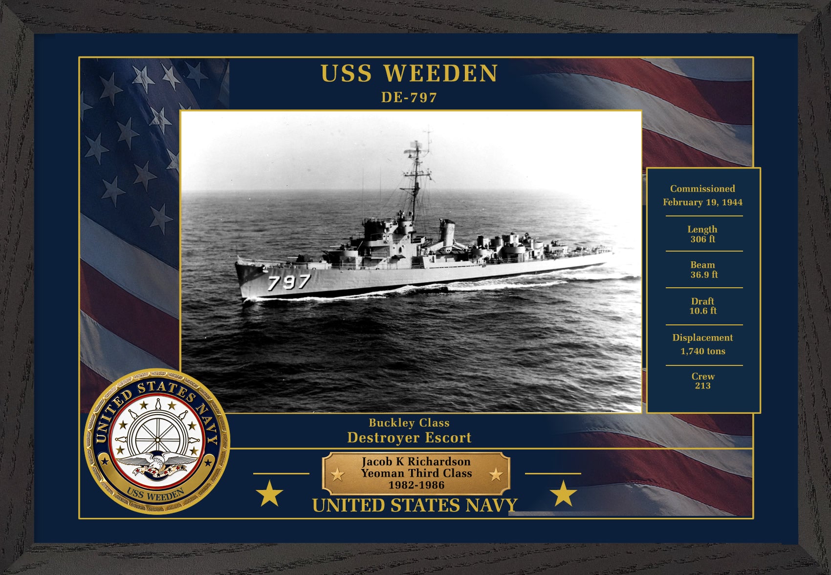 USS Weeden DE-797 Framed Patriotic Photo