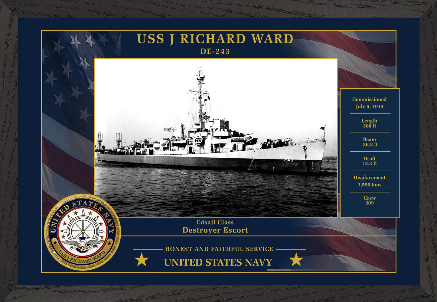 USS J Richard Ward DE-243 Framed Patriotic Photo