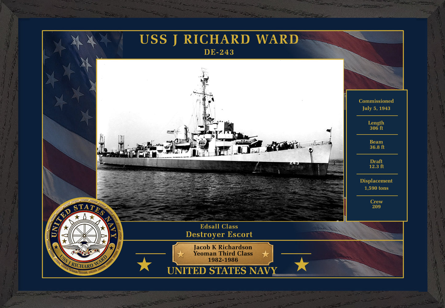 USS J Richard Ward DE-243 Framed Patriotic Photo