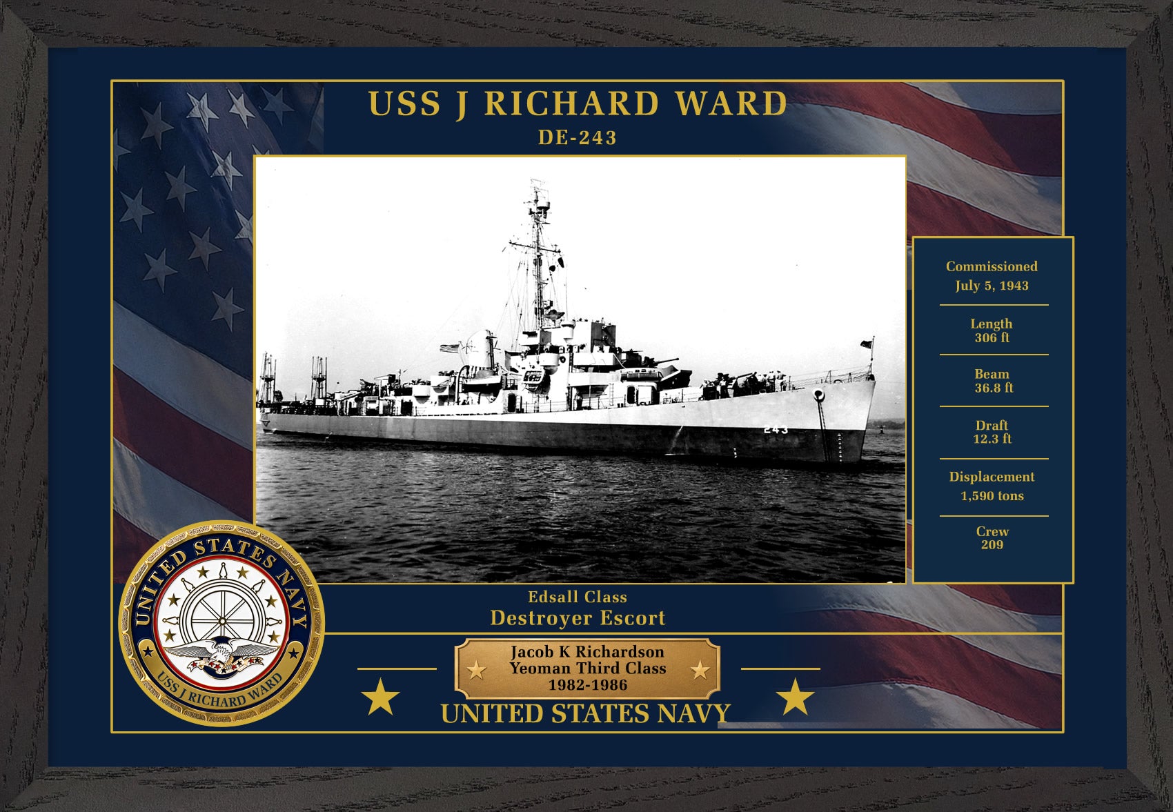 USS J Richard Ward DE-243 Framed Patriotic Photo