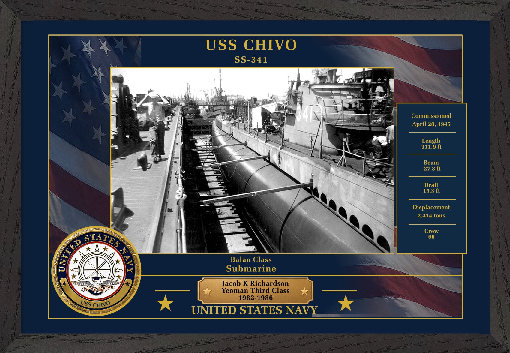 USS Chivo SS-341 Framed Patriotic Photo