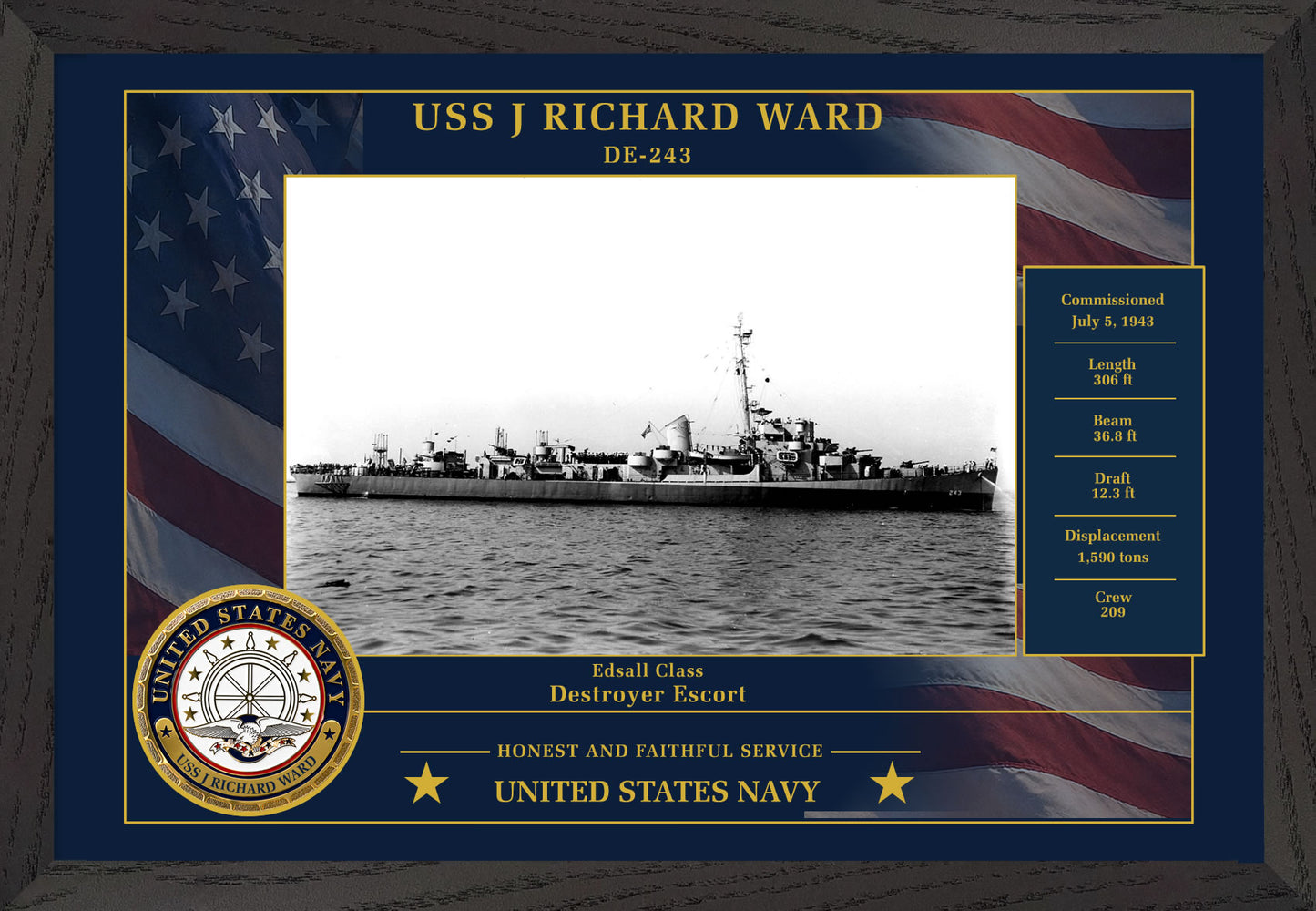 USS J Richard Ward DE-243 Framed Patriotic Photo