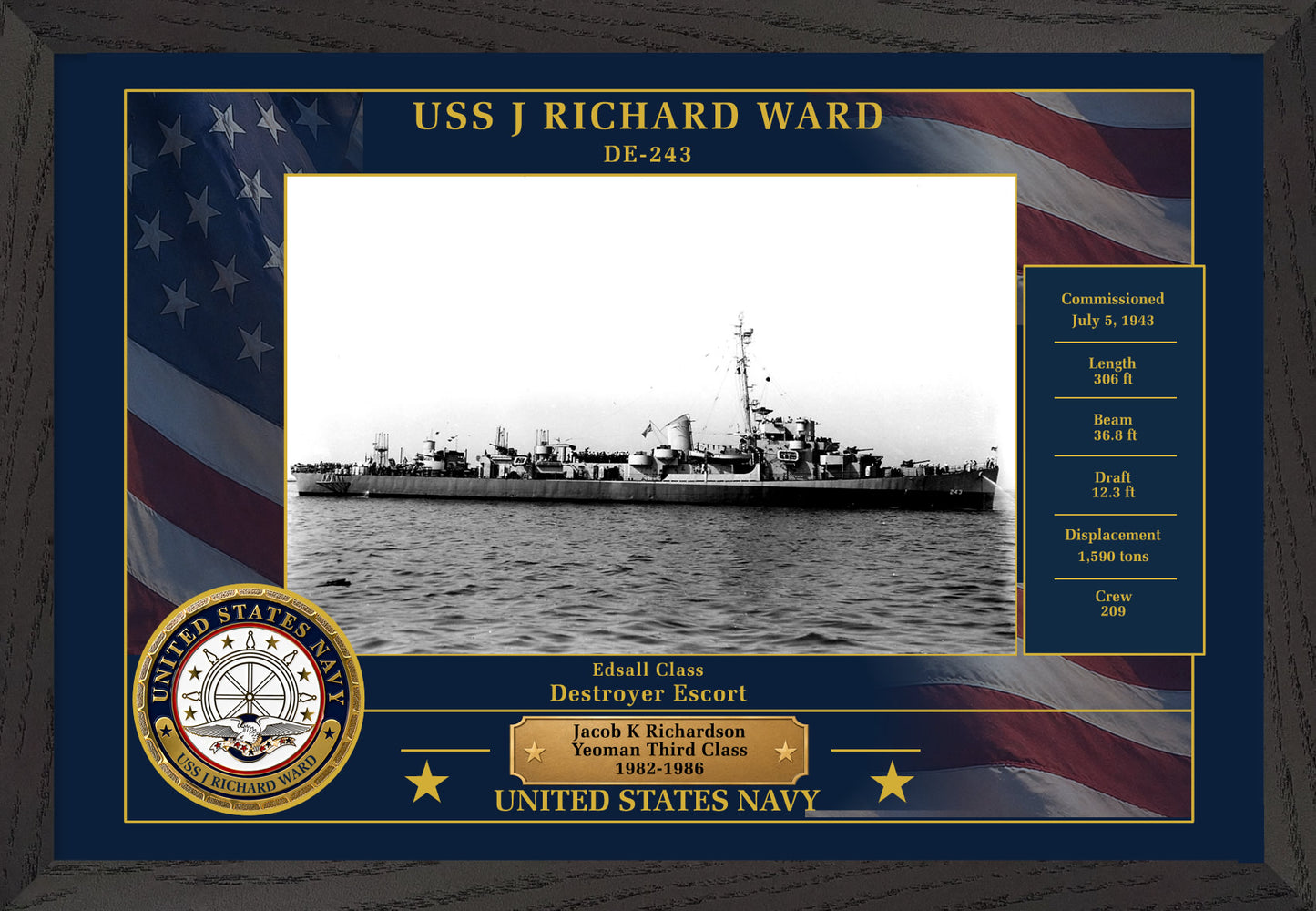 USS J Richard Ward DE-243 Framed Patriotic Photo