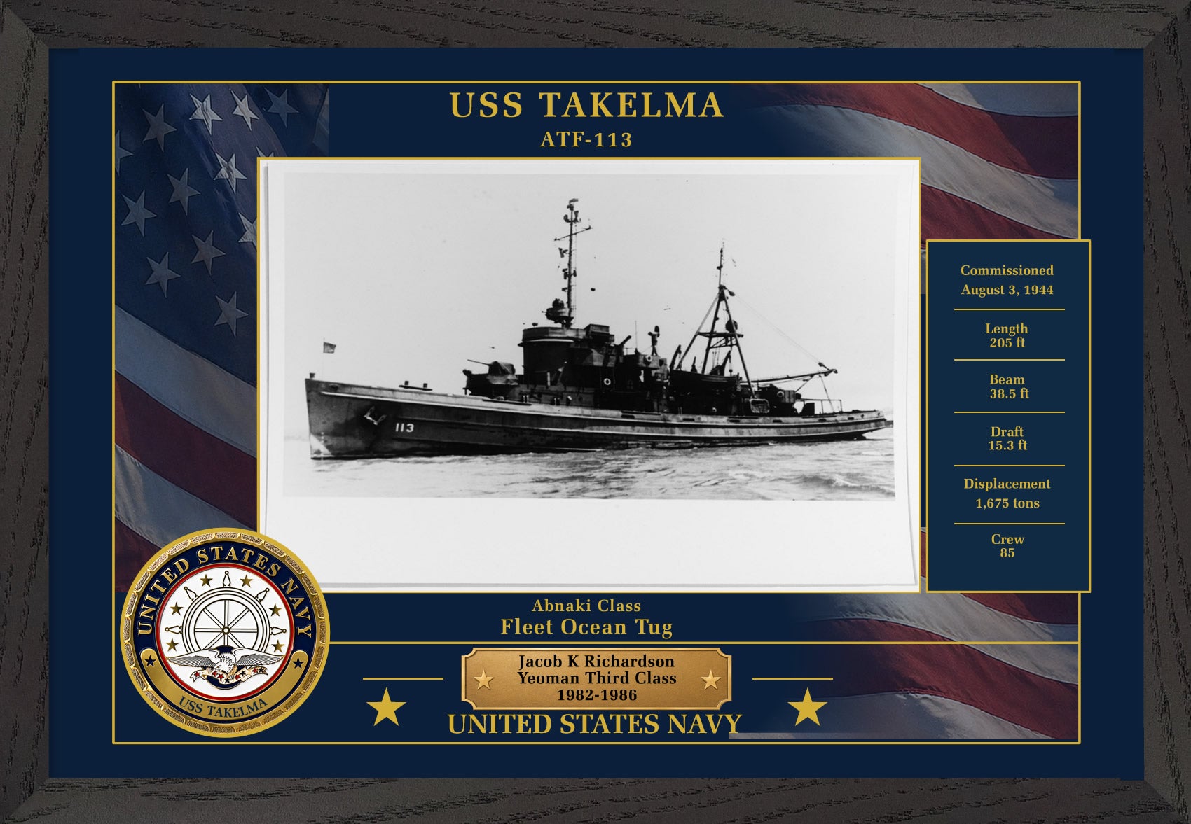 USS Takelma ATF-113 Framed Patriotic Photo