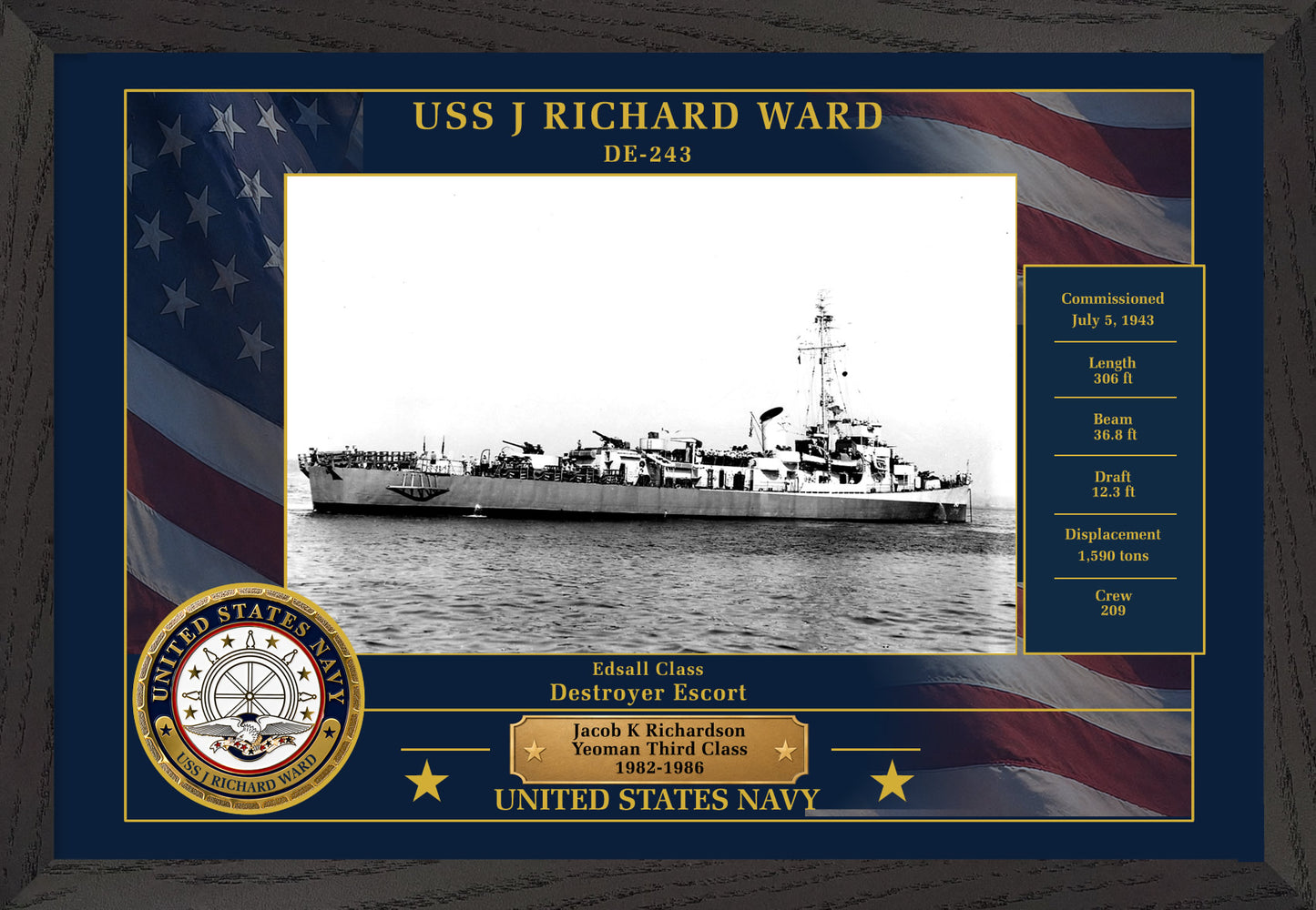 USS J Richard Ward DE-243 Framed Patriotic Photo