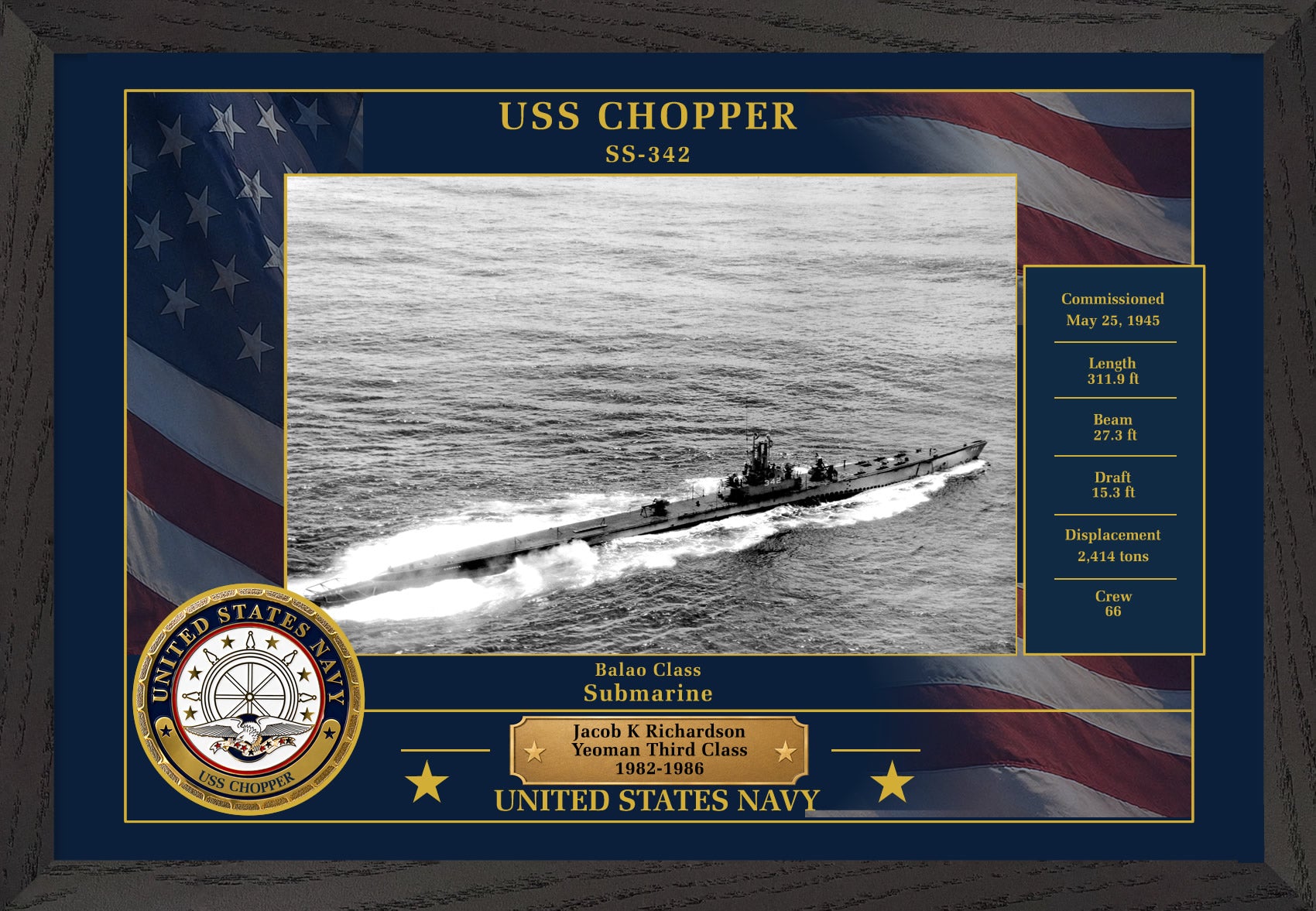 USS Chopper SS-342 Framed Patriotic Photo