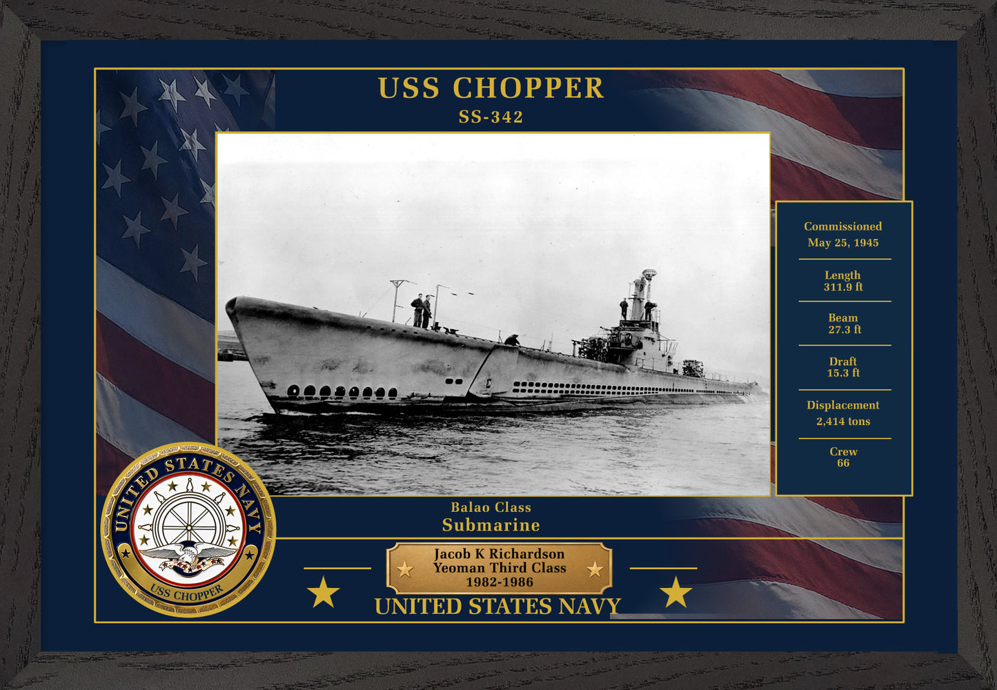 USS Chopper SS-342 Framed Patriotic Photo