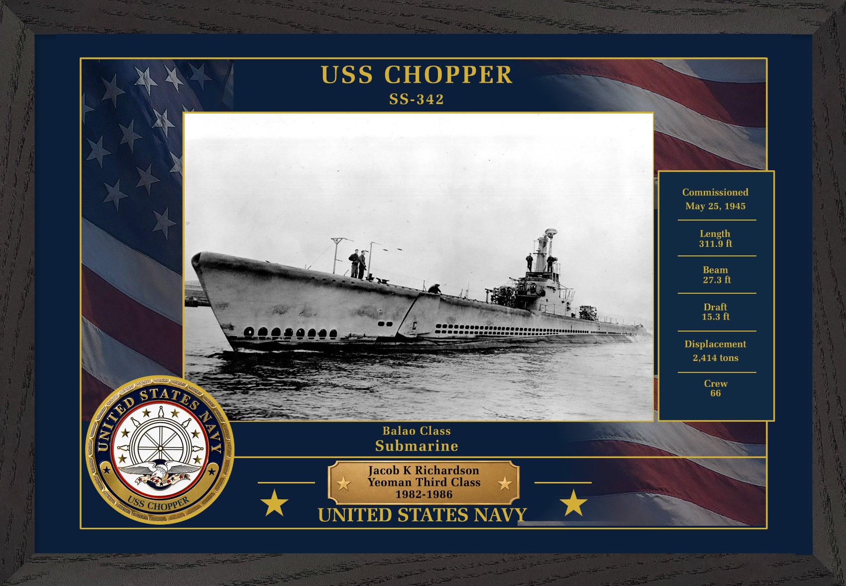 USS Chopper SS-342 Framed Patriotic Photo