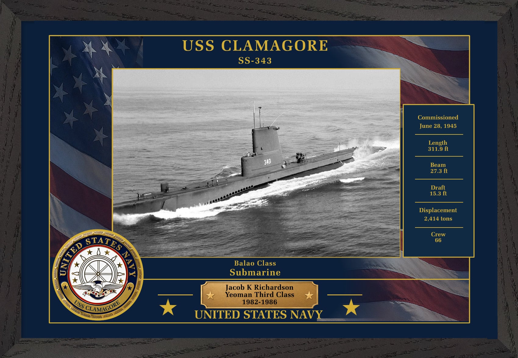 USS Clamagore SS-343 Framed Patriotic Photo
