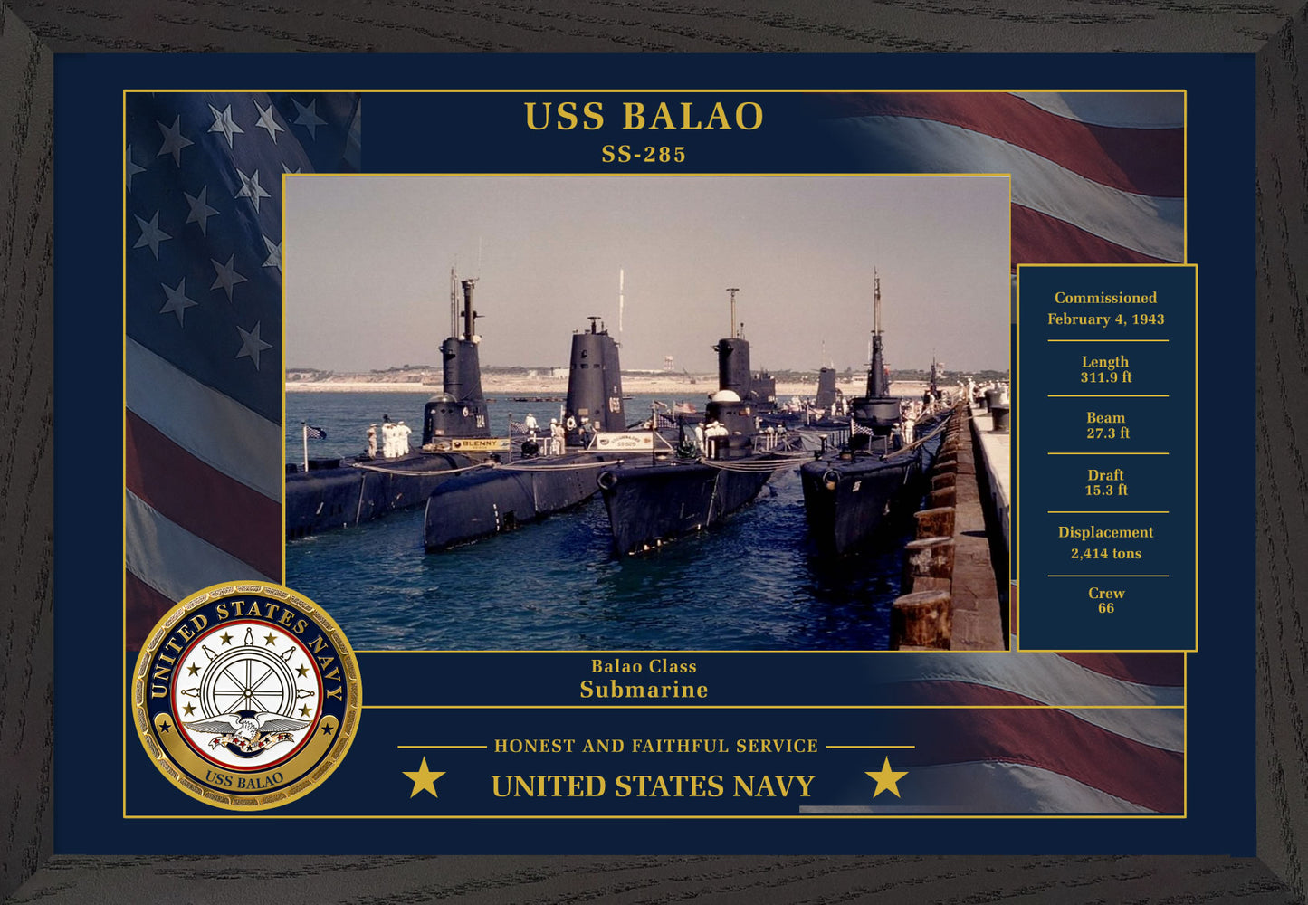 USS Balao SS-285 Framed Patriotic Photo
