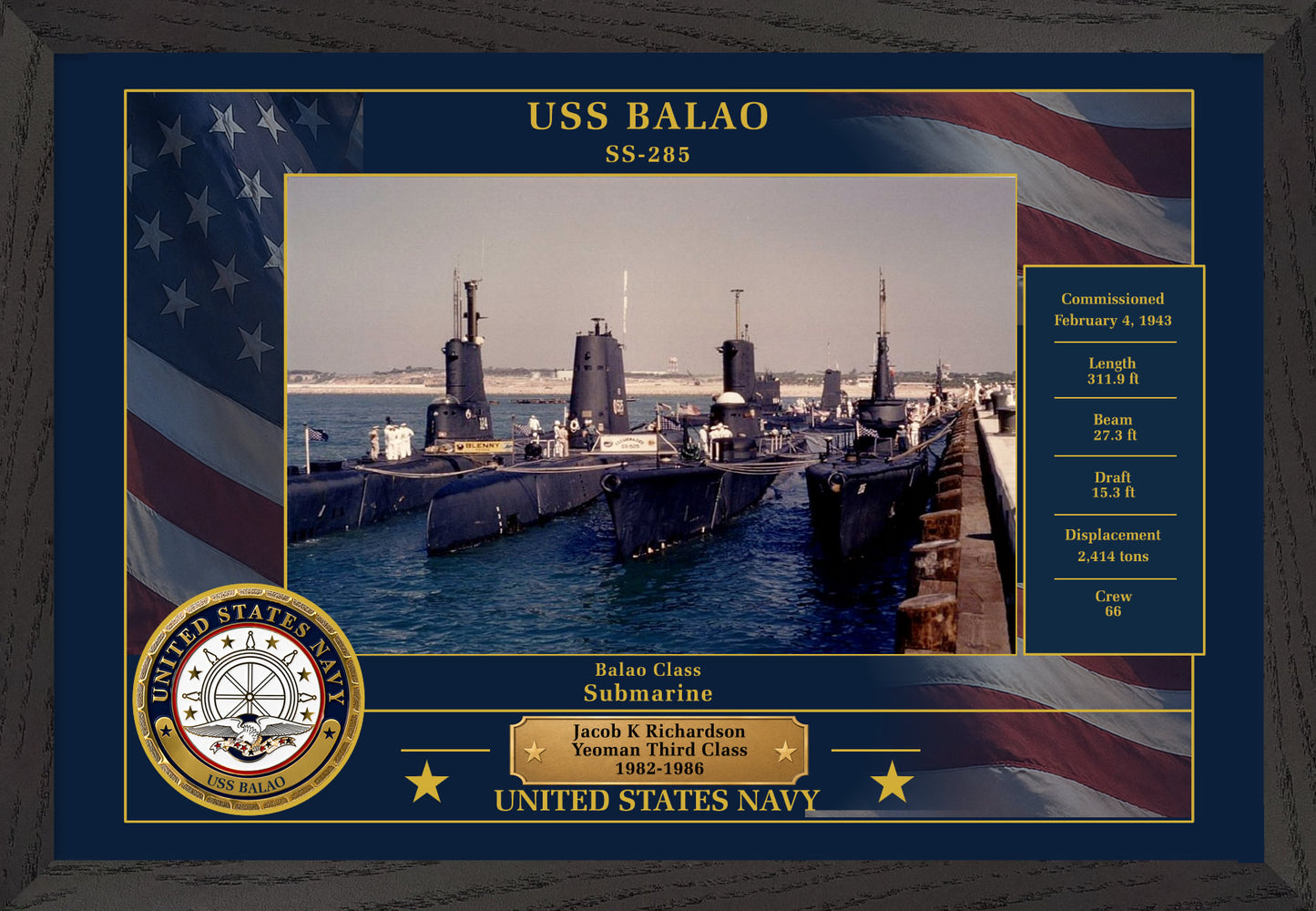 USS Balao SS-285 Framed Patriotic Photo