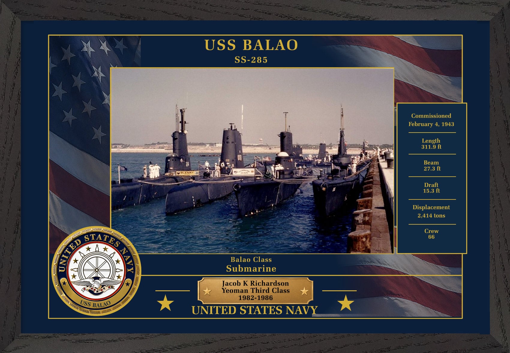 USS Balao SS-285 Framed Patriotic Photo