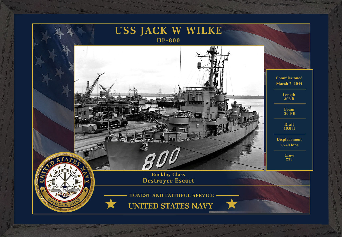 USS Jack W Wilke DE-800 Framed Patriotic Photo
