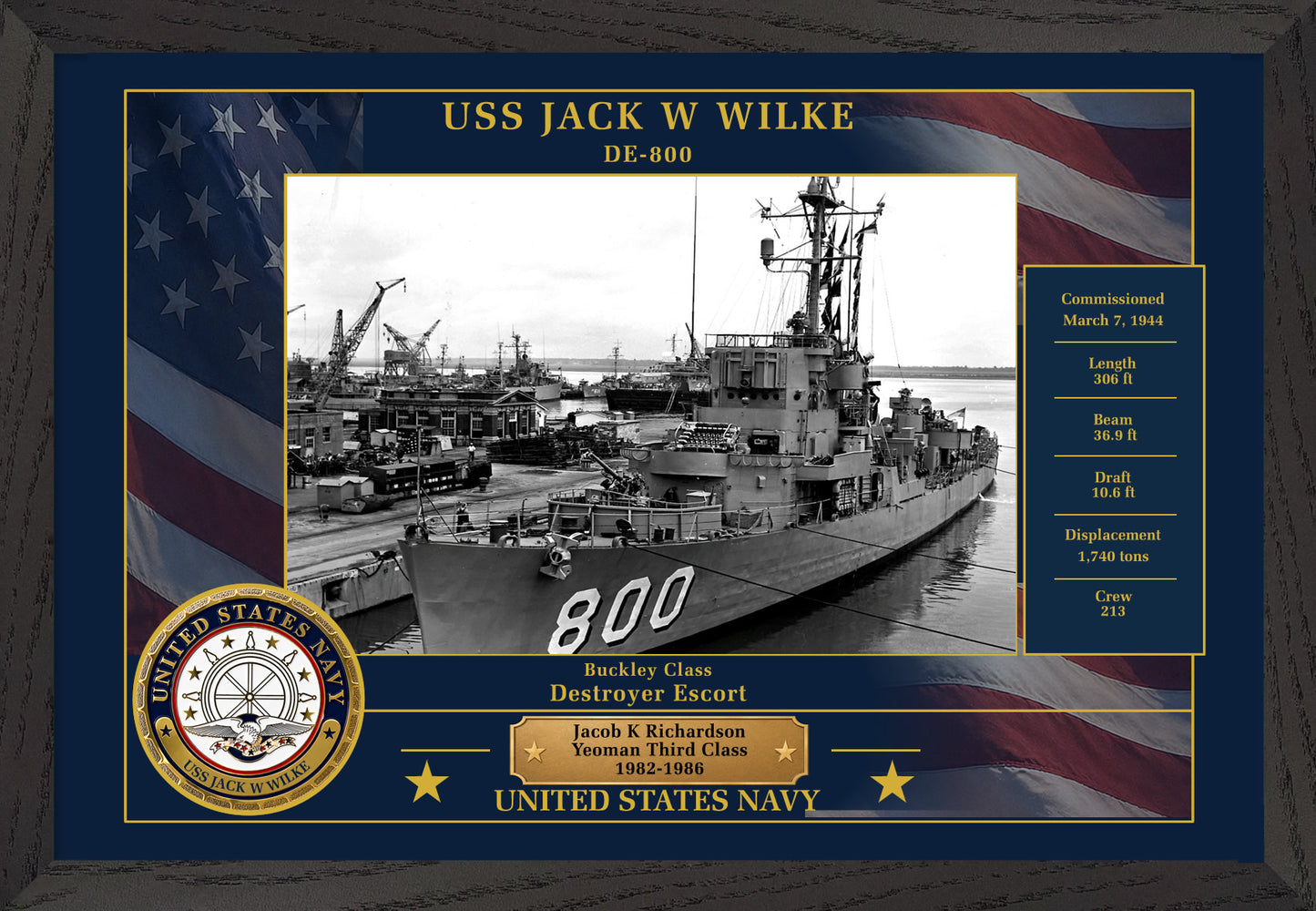 USS Jack W Wilke DE-800 Framed Patriotic Photo