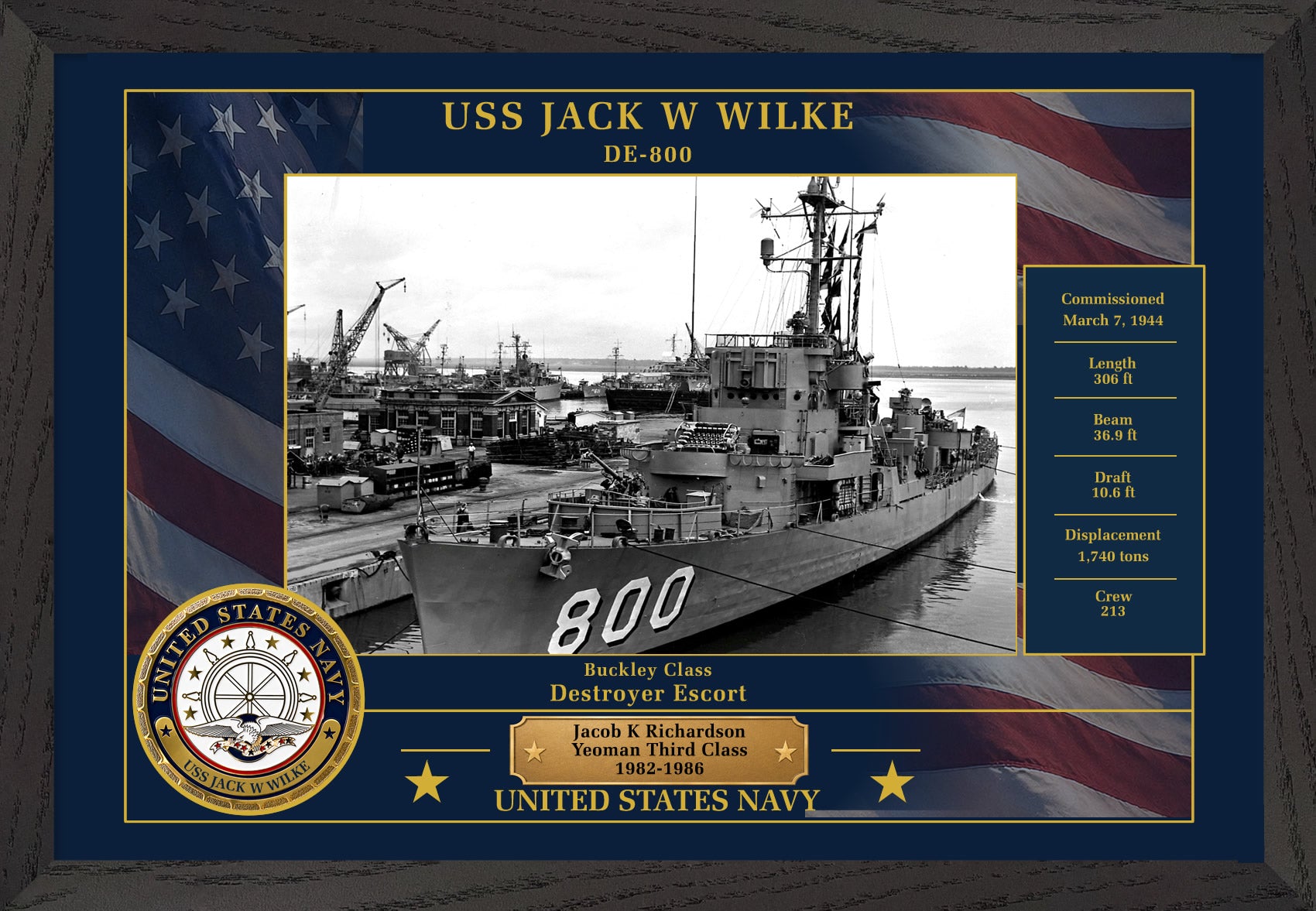 USS Jack W Wilke DE-800 Framed Patriotic Photo