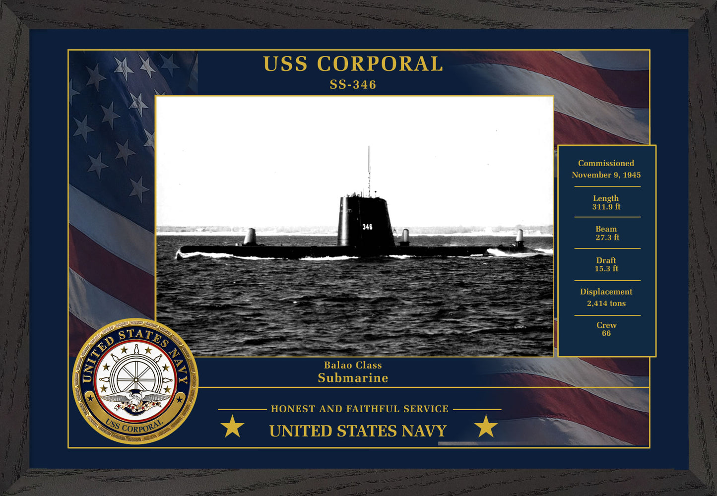 USS Corporal SS-346 Framed Patriotic Photo