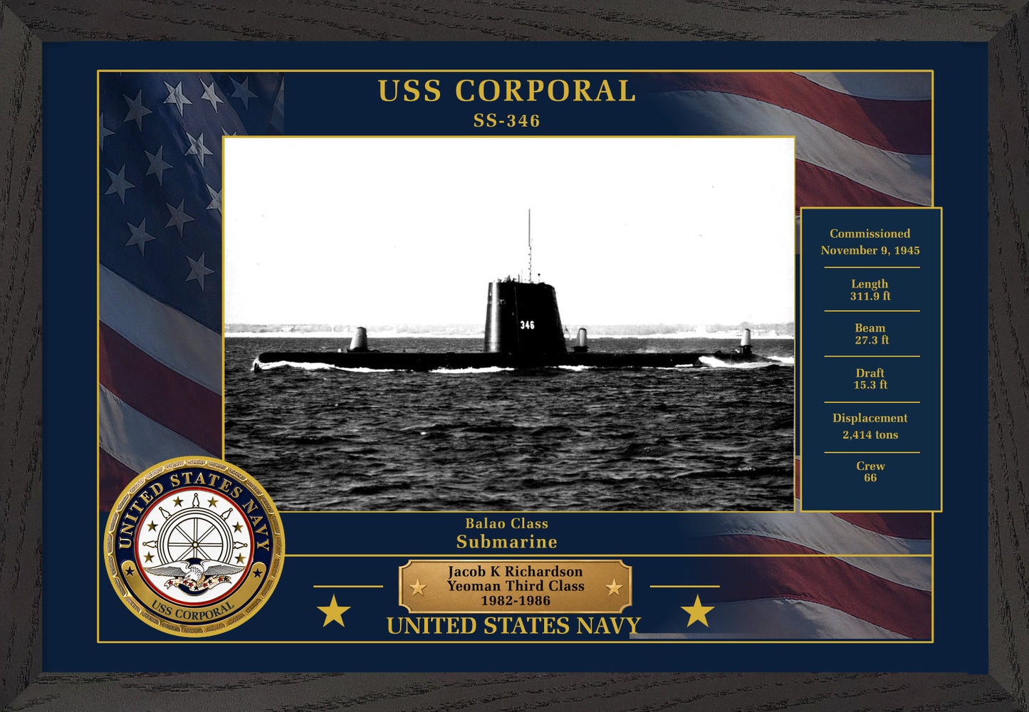 USS Corporal SS-346 Framed Patriotic Photo