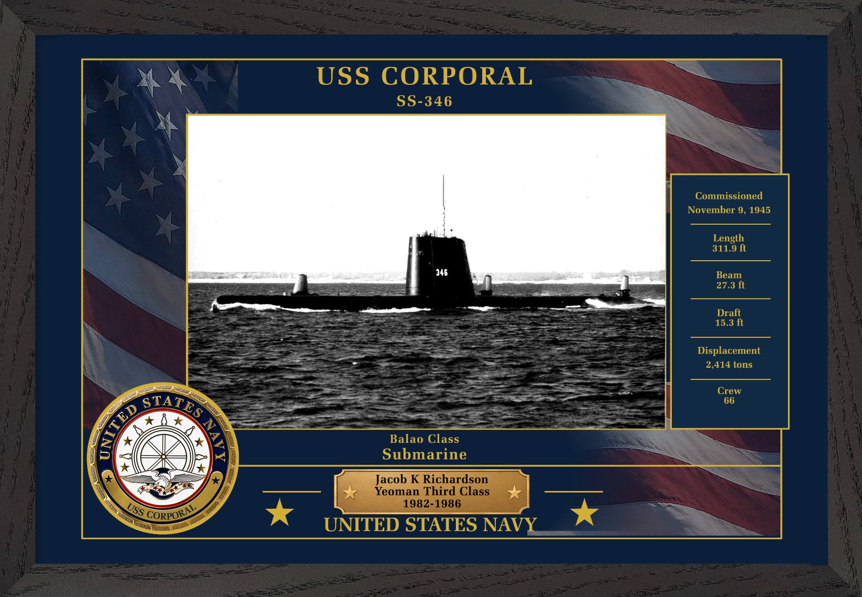 USS Corporal SS-346 Framed Patriotic Photo