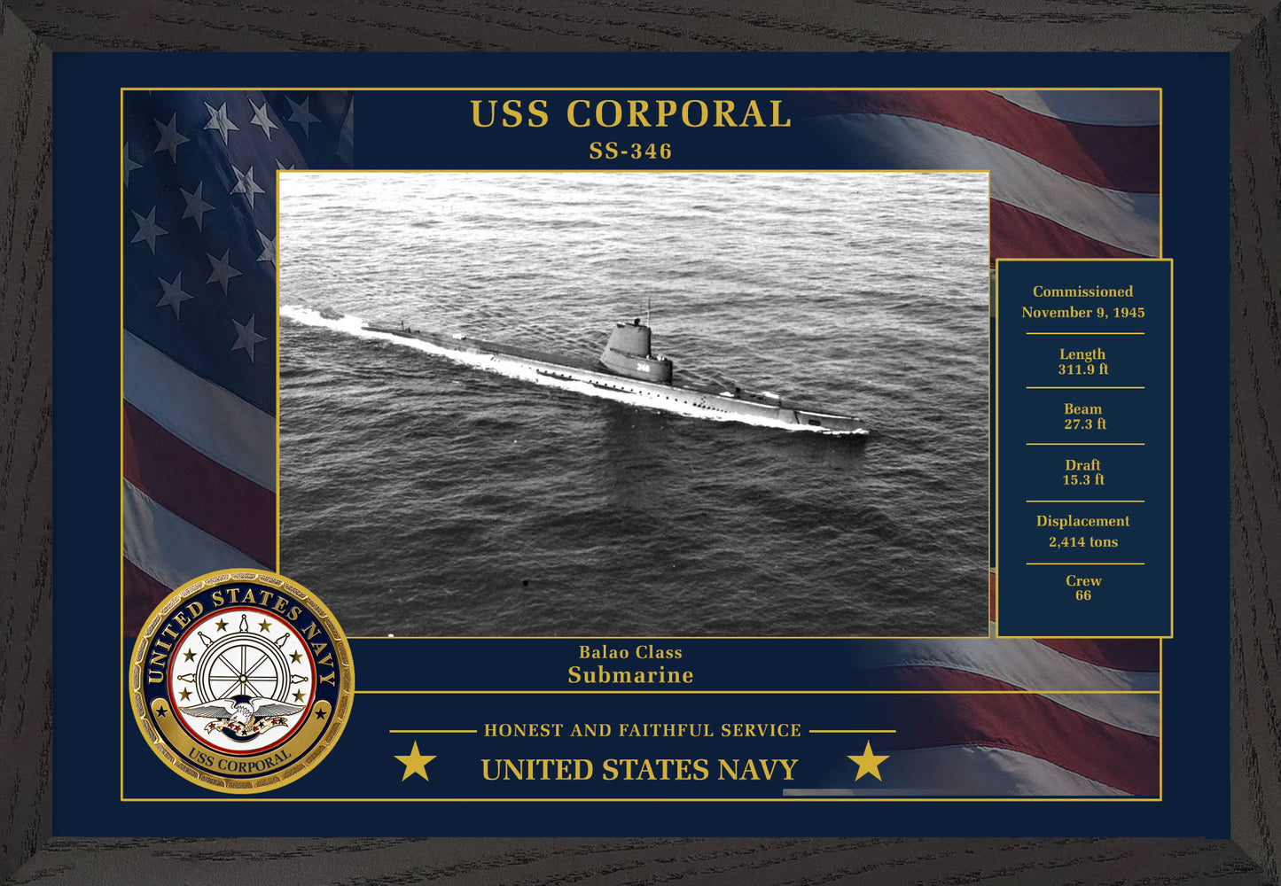 USS Corporal SS-346 Framed Patriotic Photo