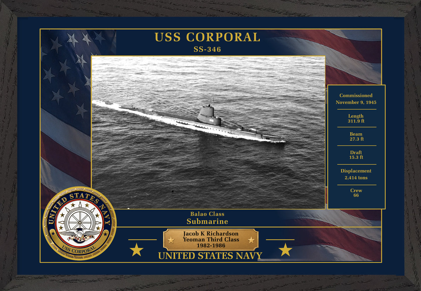USS Corporal SS-346 Framed Patriotic Photo