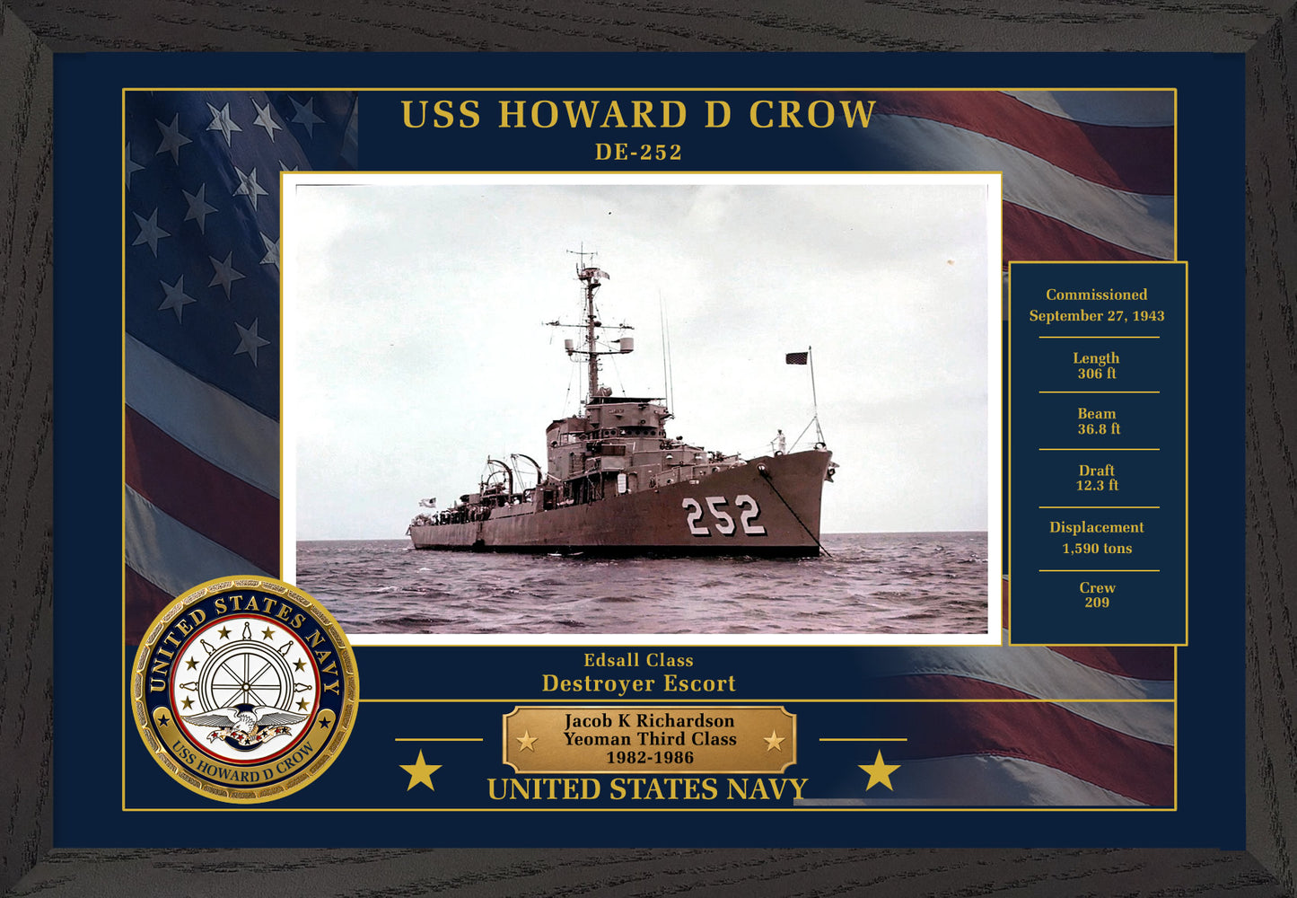 USS Howard D Crow DE-252 Framed Patriotic Photo