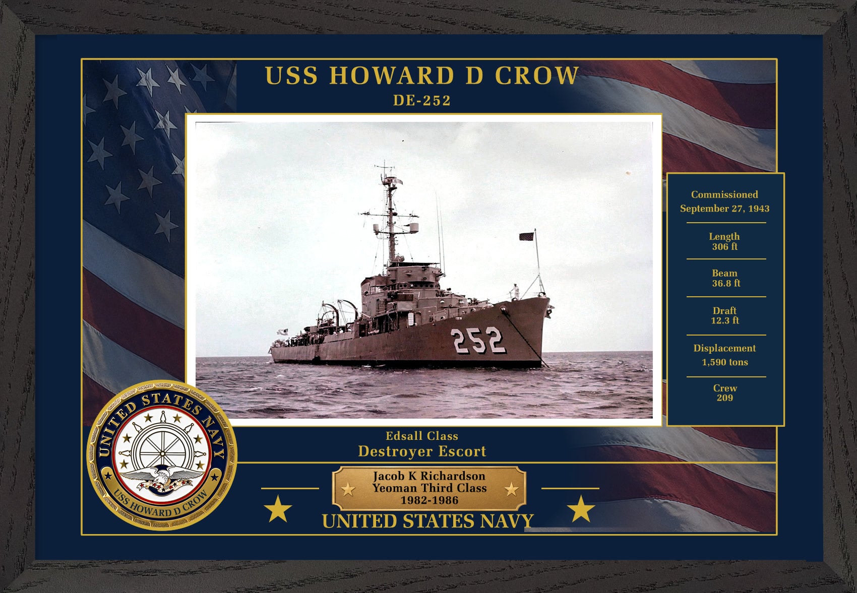 USS Howard D Crow DE-252 Framed Patriotic Photo