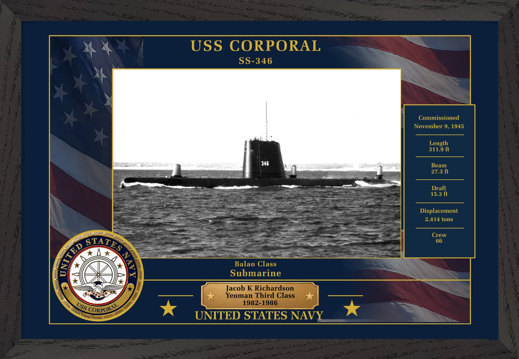 USS Corporal SS-346 Framed Patriotic Photo