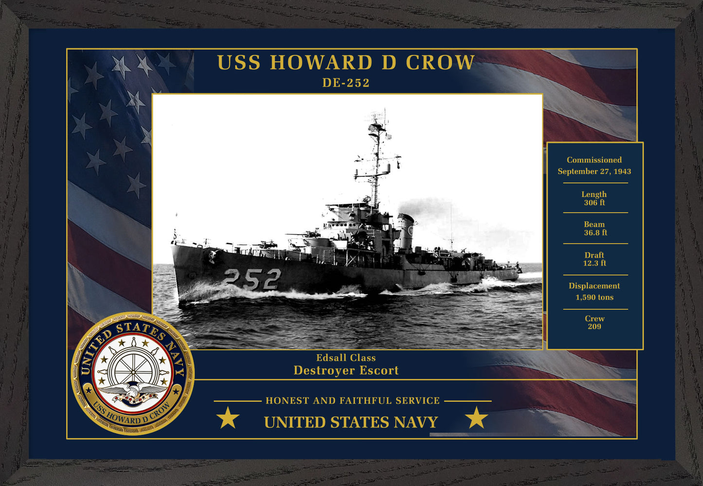 USS Howard D Crow DE-252 Framed Patriotic Photo