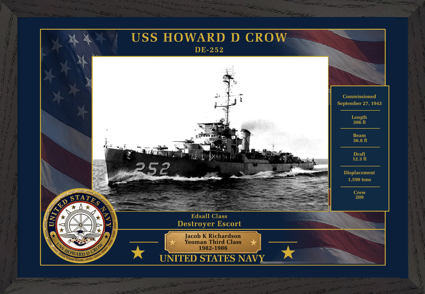 USS Howard D Crow DE-252 Framed Patriotic Photo