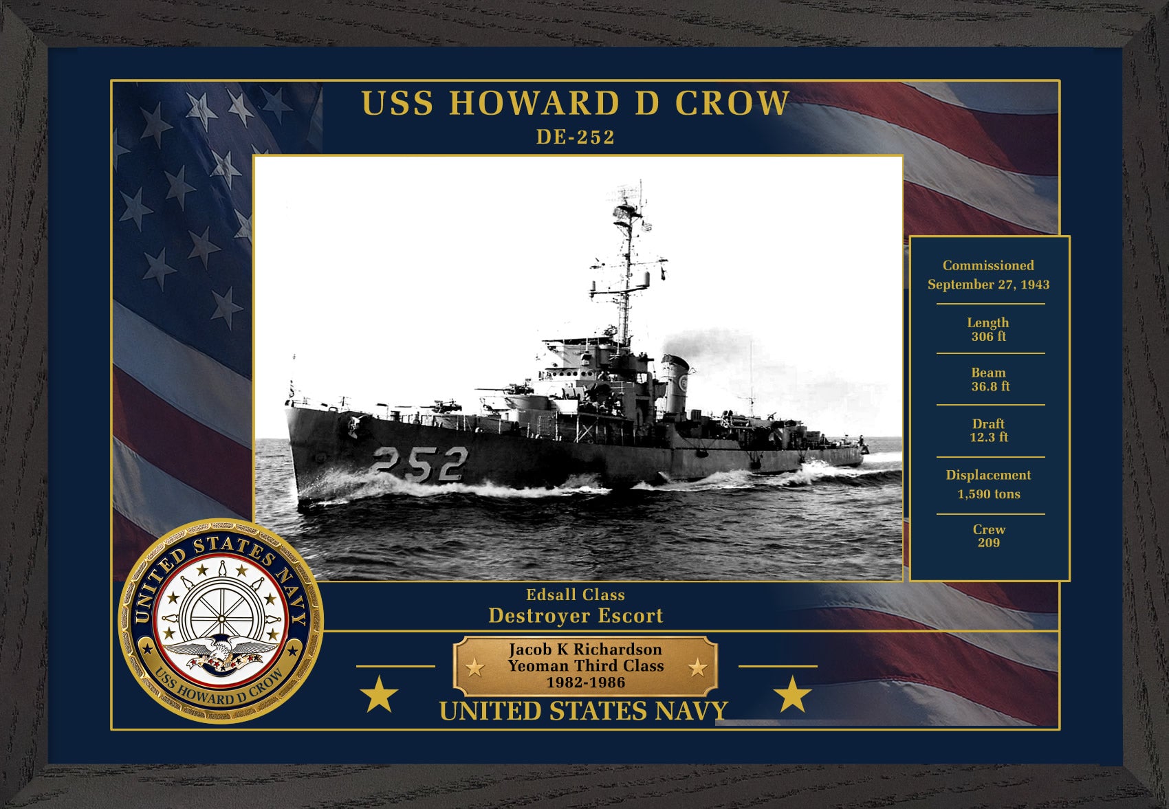 USS Howard D Crow DE-252 Framed Patriotic Photo