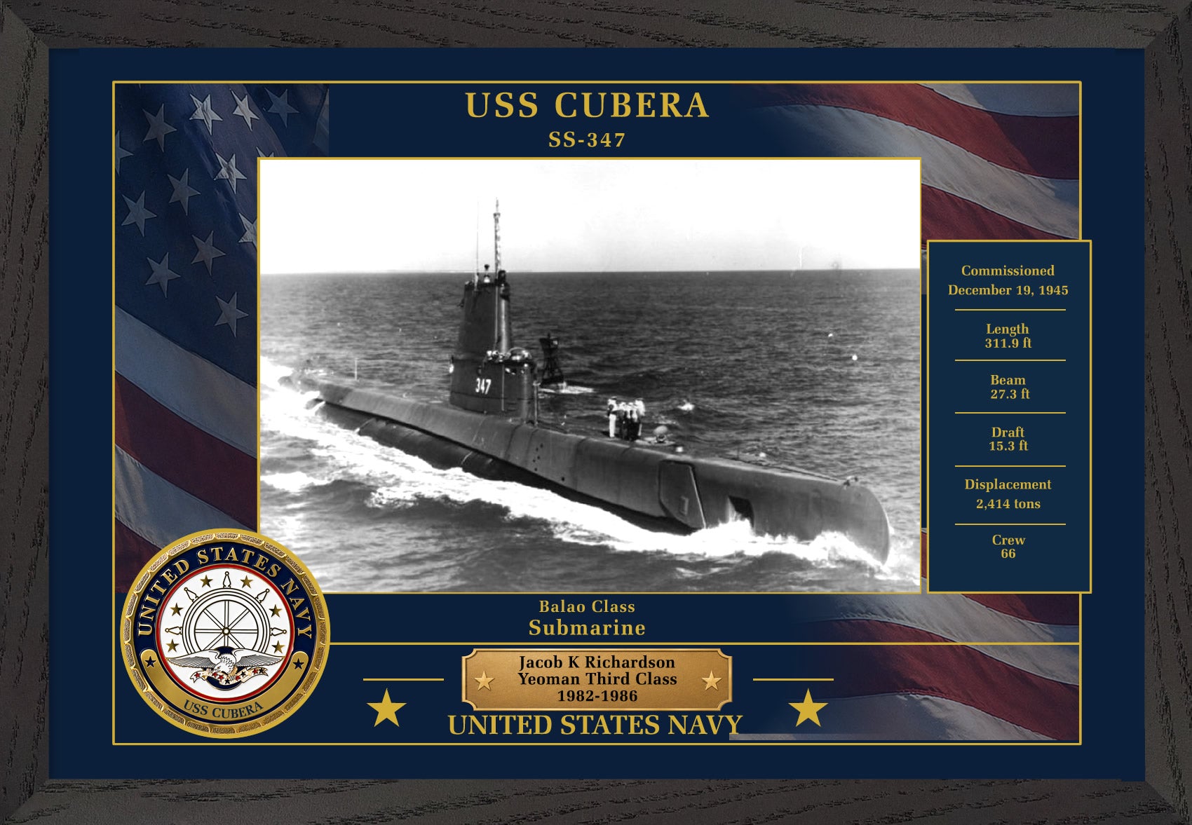 USS Cubera SS-347 Framed Patriotic Photo