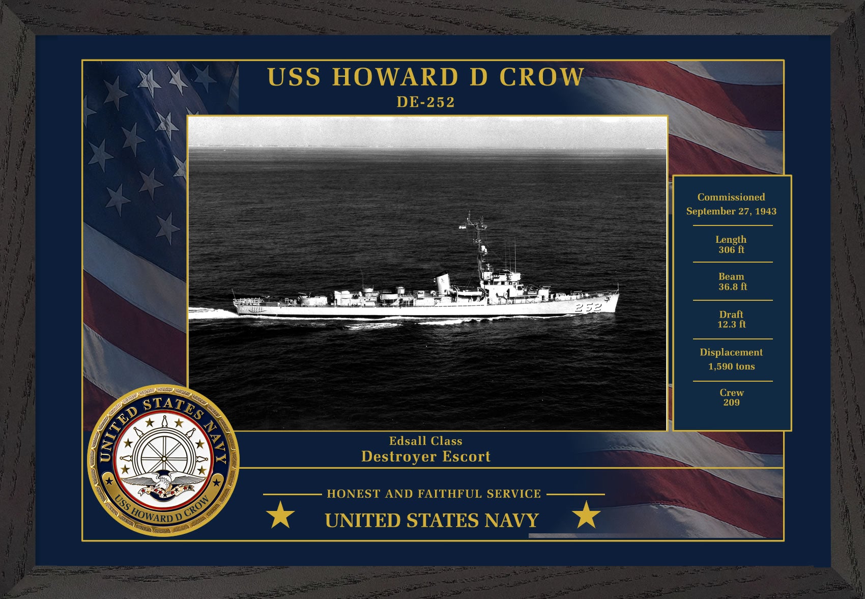 USS Howard D Crow DE-252 Framed Patriotic Photo