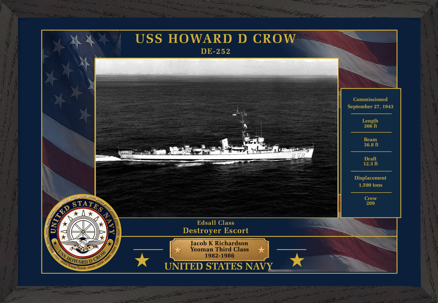 USS Howard D Crow DE-252 Framed Patriotic Photo