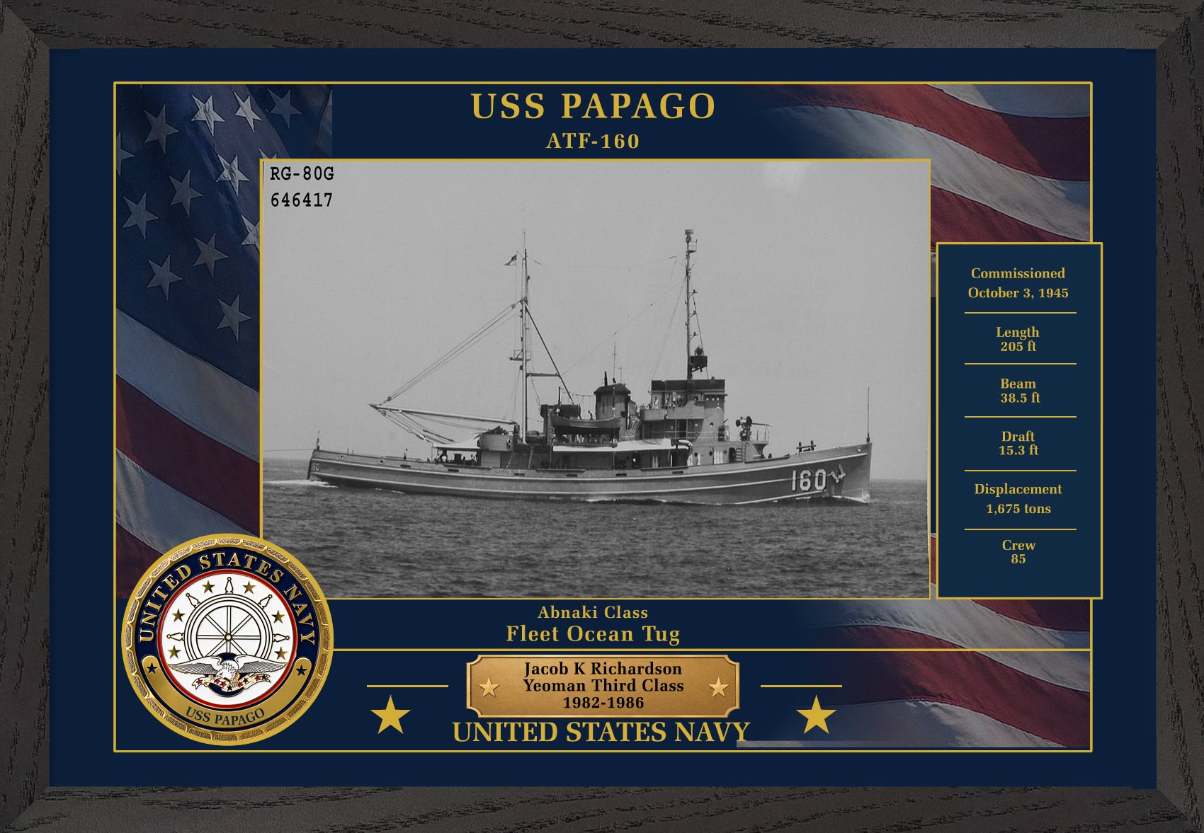 USS Papago ATF-160 Framed Patriotic Photo