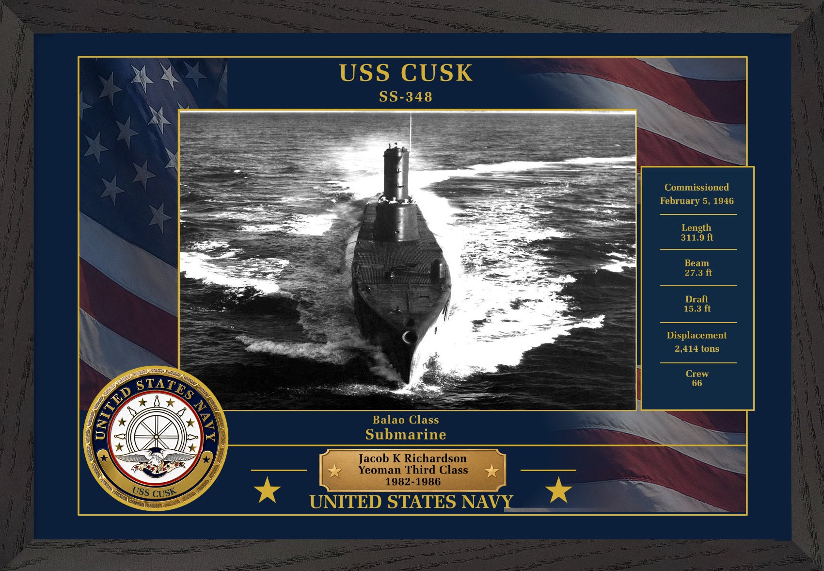 USS Cusk SS-348 Framed Patriotic Photo