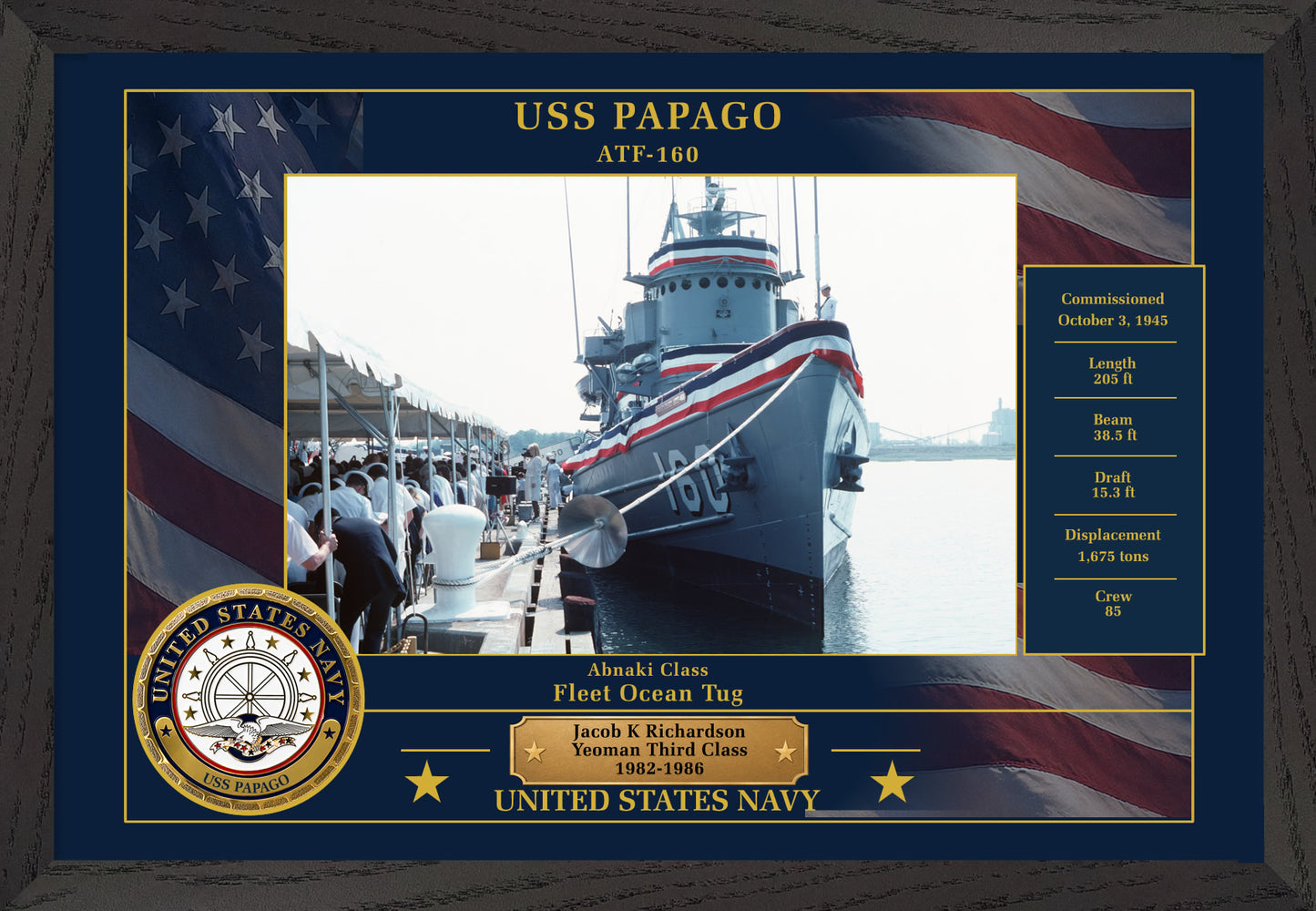 USS Papago ATF-160 Framed Patriotic Photo