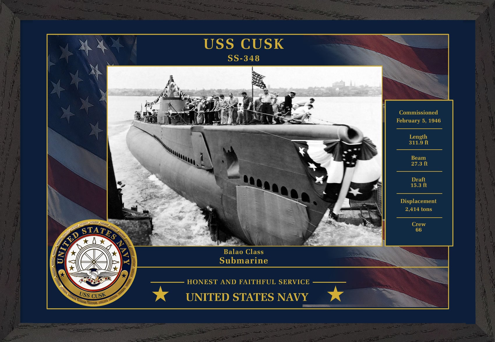 USS Cusk SS-348 Framed Patriotic Photo