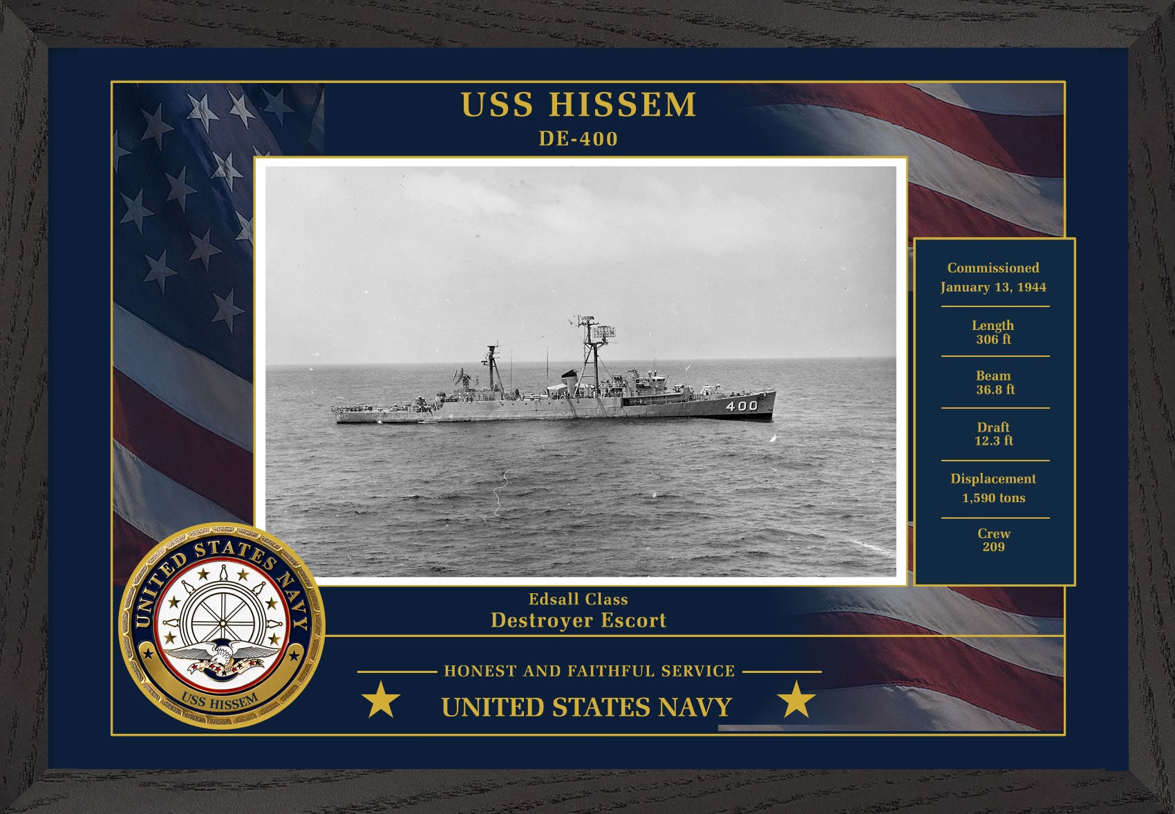 USS Hissem DE-400 Framed Patriotic Photo