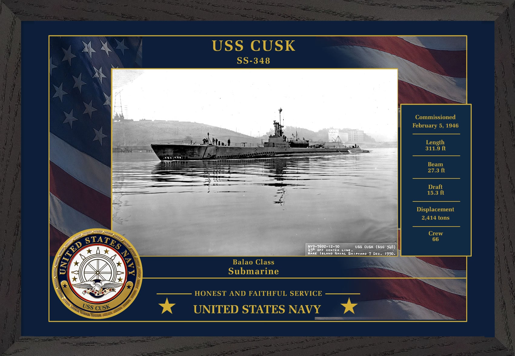 USS Cusk SS-348 Framed Patriotic Photo