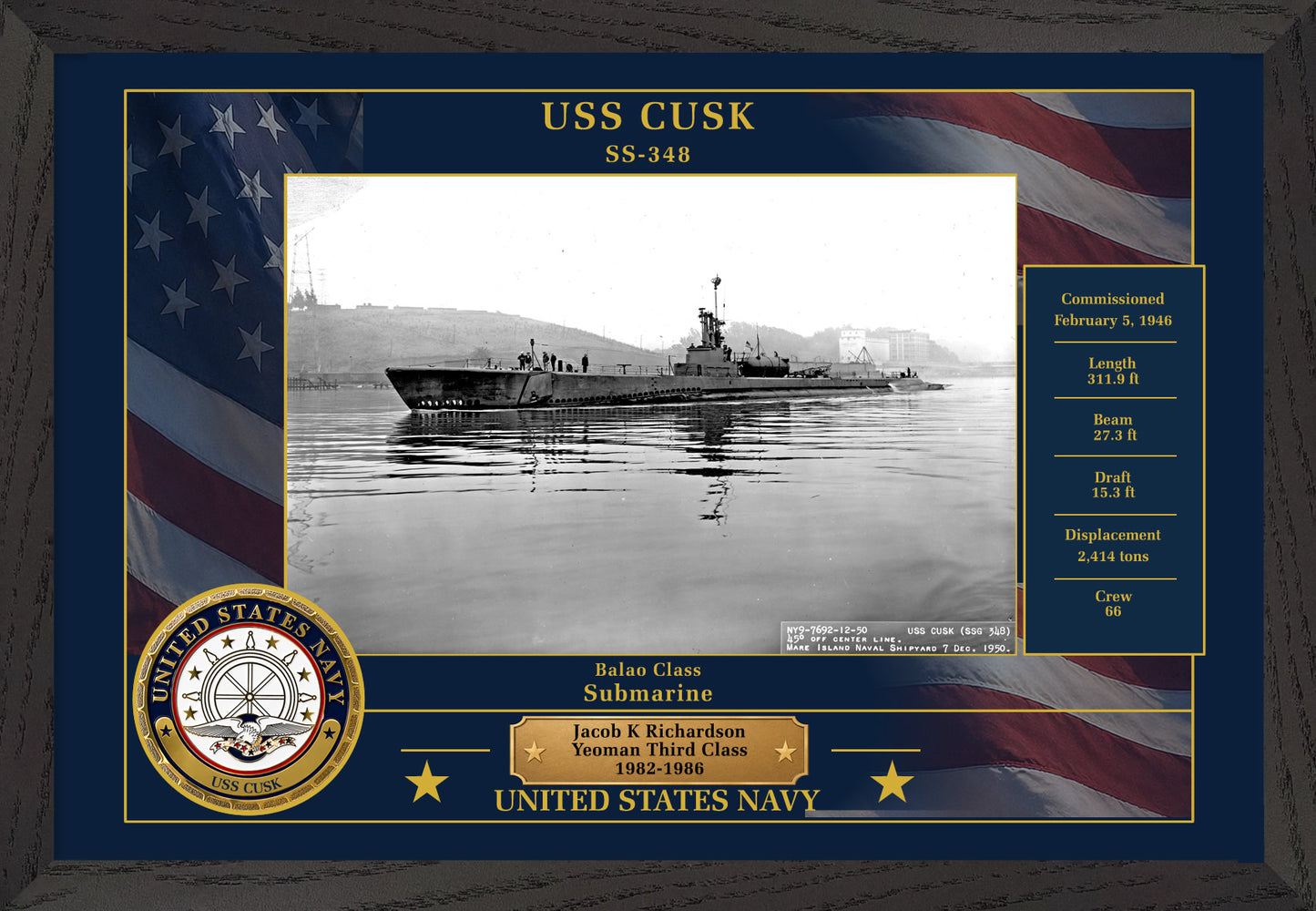 USS Cusk SS-348 Framed Patriotic Photo