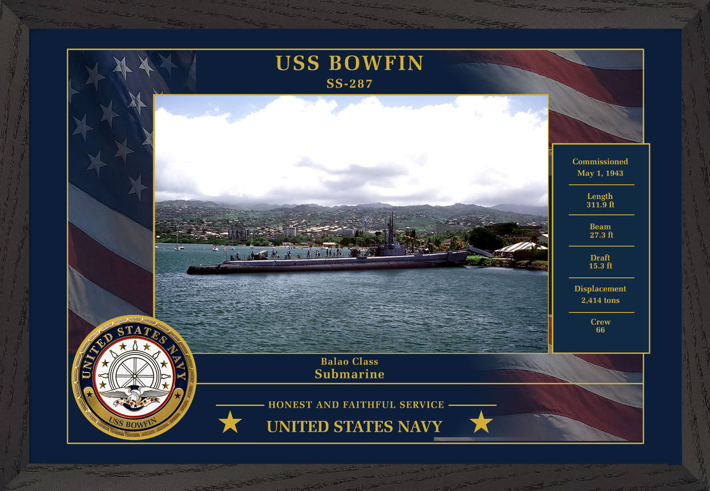 USS Bowfin SS-287 Framed Patriotic Photo