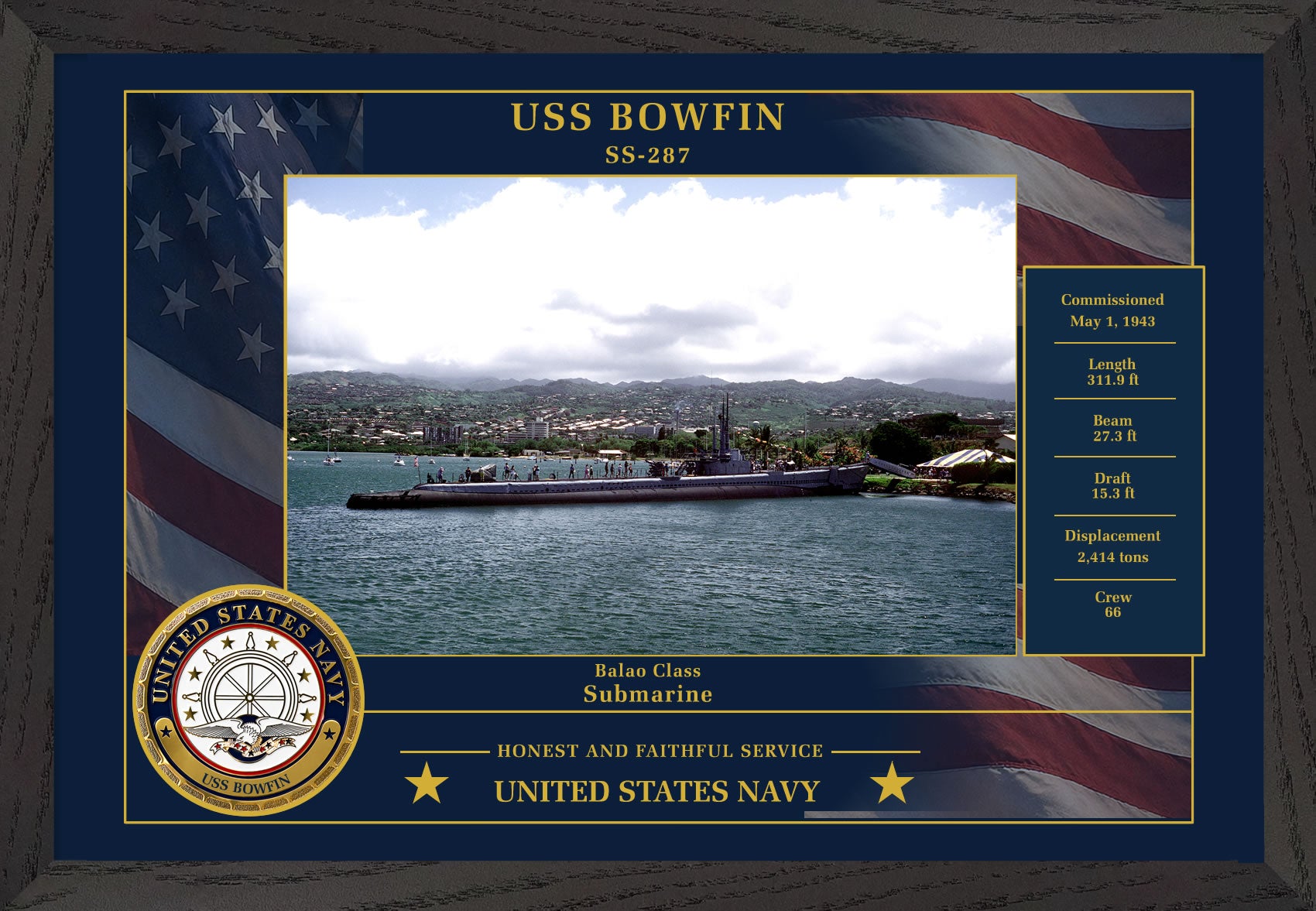 USS Bowfin SS-287 Framed Patriotic Photo