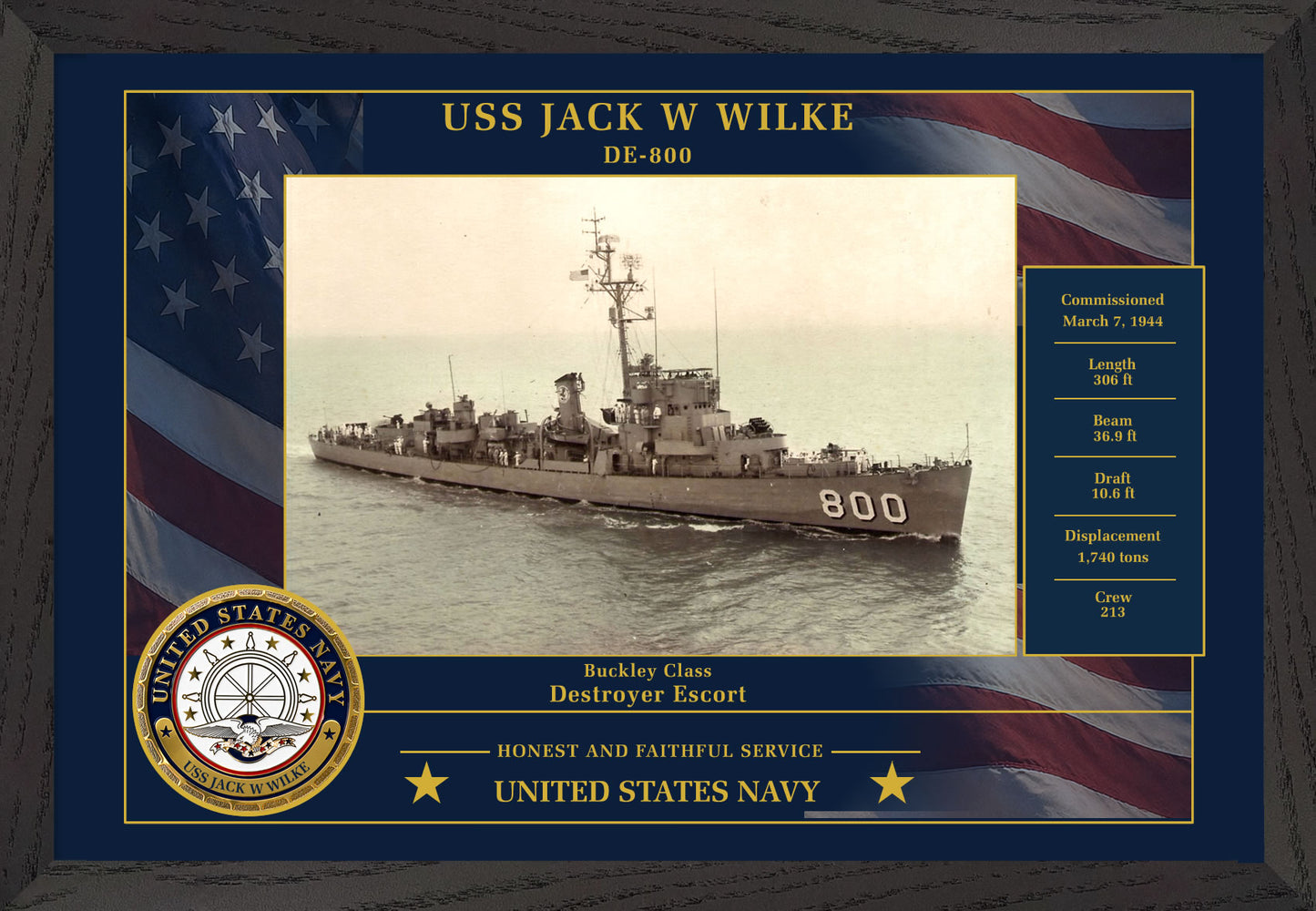 USS Jack W Wilke DE-800 Framed Patriotic Photo
